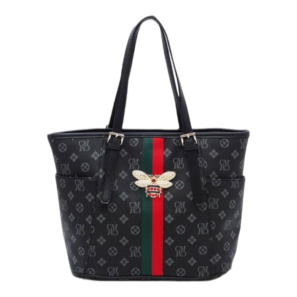 SN&W Handbags - 🔥NWT Queen Bee Striped Monogram Tote Black/Gray